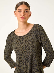 Roman Green Animal Print Chiffon Hem Stretch Top - Image 4 of 5