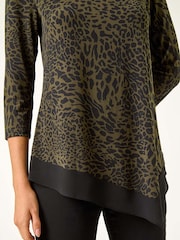 Roman Green Animal Print Chiffon Hem Stretch Top - Image 5 of 5