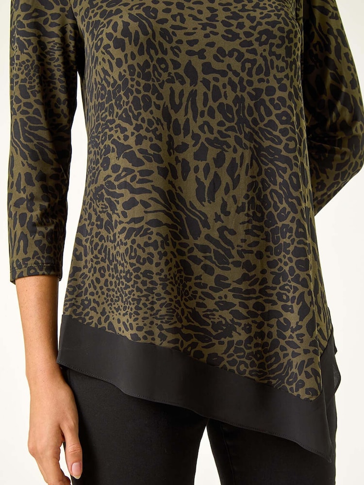 Roman Green Animal Print Chiffon Hem Stretch Top - Image 5 of 5