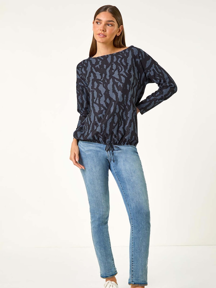 Roman Blue Tie Hem Geometric Print Top - Image 1 of 5 Roman Blue Tie Hem Geometric Print Top - Image 1 of 5