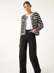 Roman Black Textured Stripe Print Pocket Cardigan - Image 1 of 6