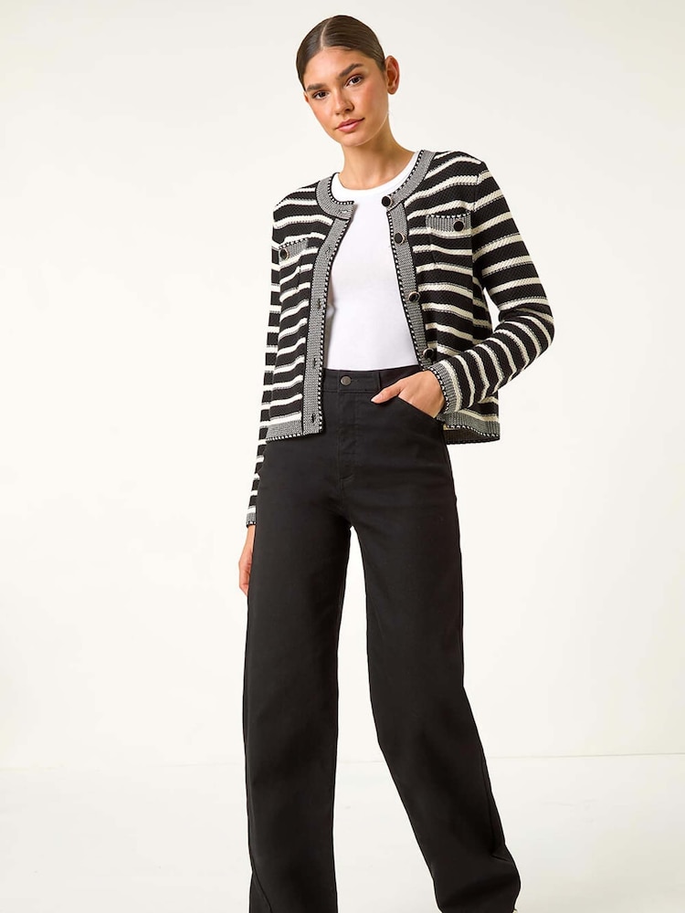 Roman Black Textured Stripe Print Pocket Cardigan - Image 1 of 6