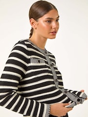 Roman Black Textured Stripe Print Pocket Cardigan - Image 3 of 6