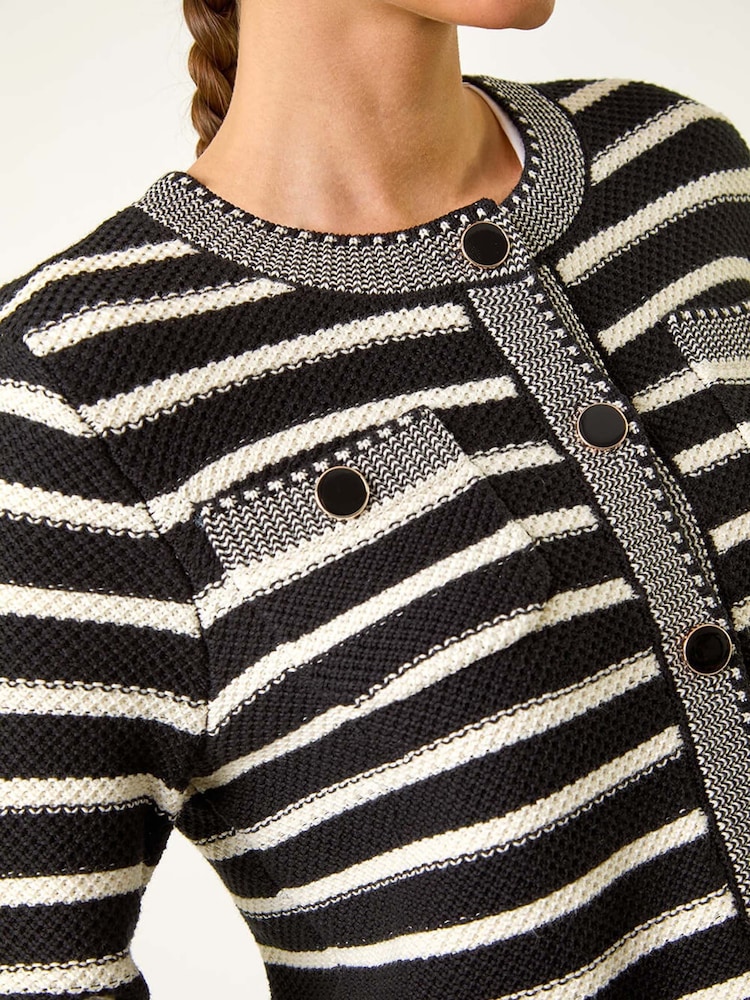 Roman Black Textured Stripe Print Pocket Cardigan - Image 6 of 6