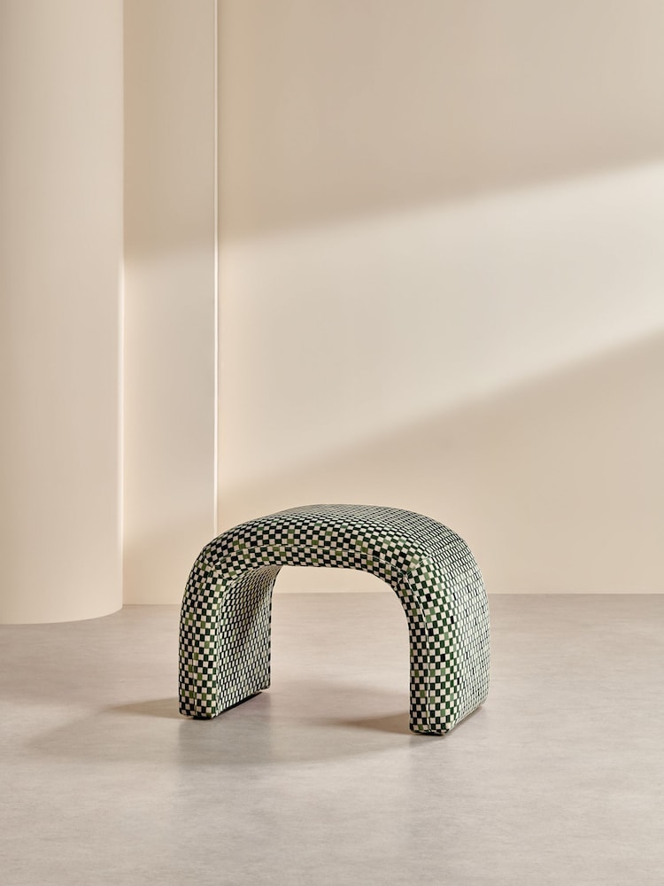 MADE.COM Green Checked Velvet Beryl Stool - Image 2 of 7