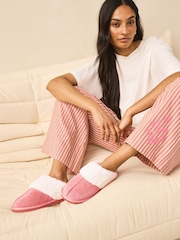 Coral Pink Suede Faux Fur Lined Mule Slippers - Image 2 of 8