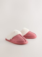 Coral Pink Suede Faux Fur Lined Mule Slippers - Image 4 of 8