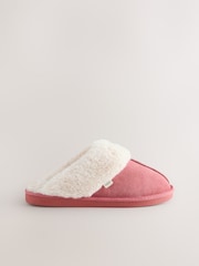 Coral Pink Suede Faux Fur Lined Mule Slippers - Image 5 of 8