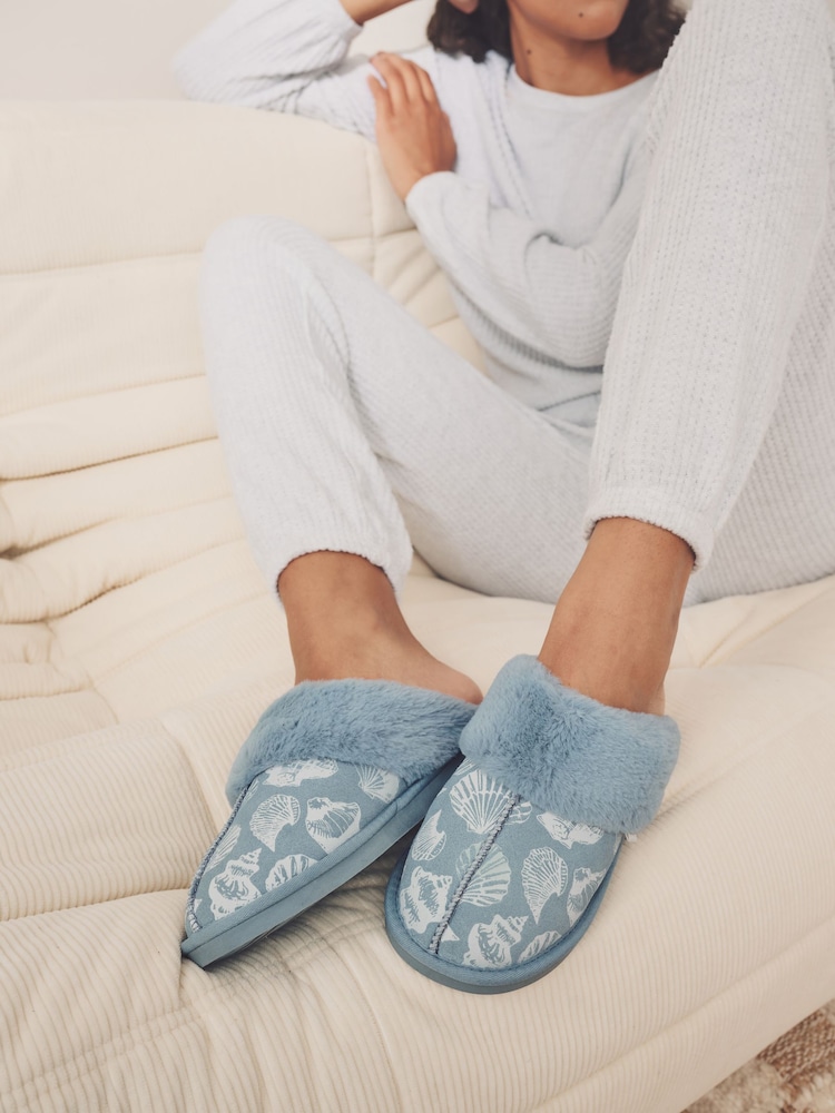 Blue Shells Faux Fur Lined Suede Mule Slippers - Image 2 of 9