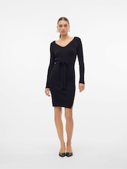 VERO MODA Black Long Sleeve V-Neck Belted Rib Dress - Image 1 of 7