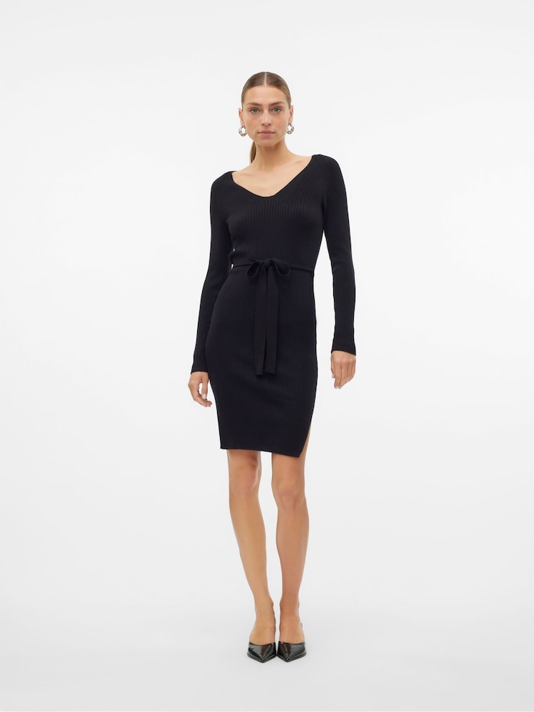 VERO MODA Black Long Sleeve V-Neck Belted Rib Dress - Image 1 of 7