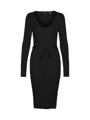 VERO MODA Black Long Sleeve V-Neck Belted Rib Dress - Image 6 of 7