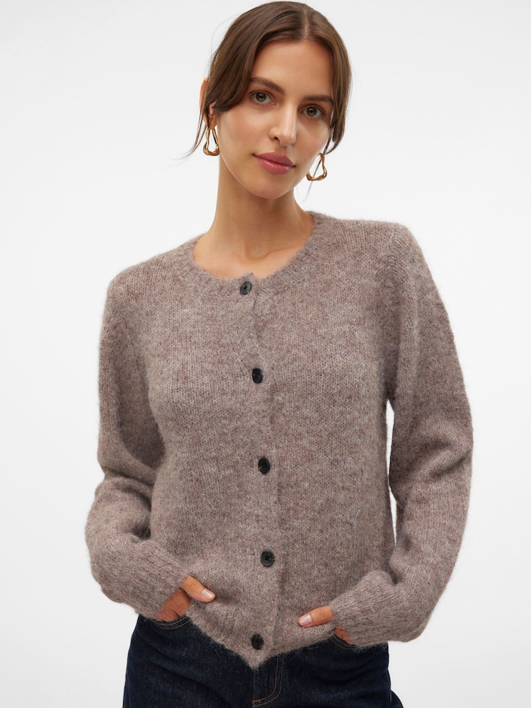 VERO MODA Brown Round Neck Button Up Cardigan - Image 1 of 6