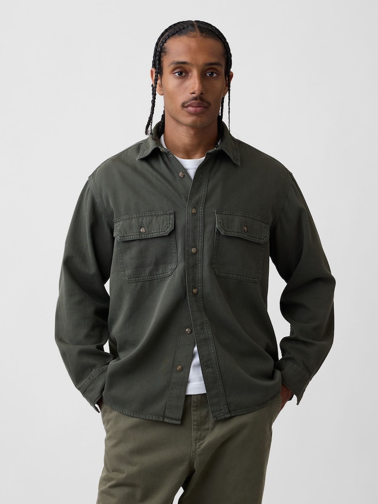 Gap Green UltraSoft Denim Relaxed Utility Shirt - Image 1 of 4 Gap Green UltraSoft Denim Relaxed Utility Shirt - Image 1 of 4