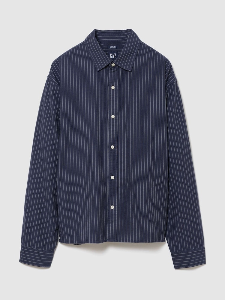 Gap Navy Stripe Relaxed Boxy Straight-Hem Oxford Shirt - Image 1 of 2 Gap Navy Stripe Relaxed Boxy Straight-Hem Oxford Shirt - Image 1 of 2