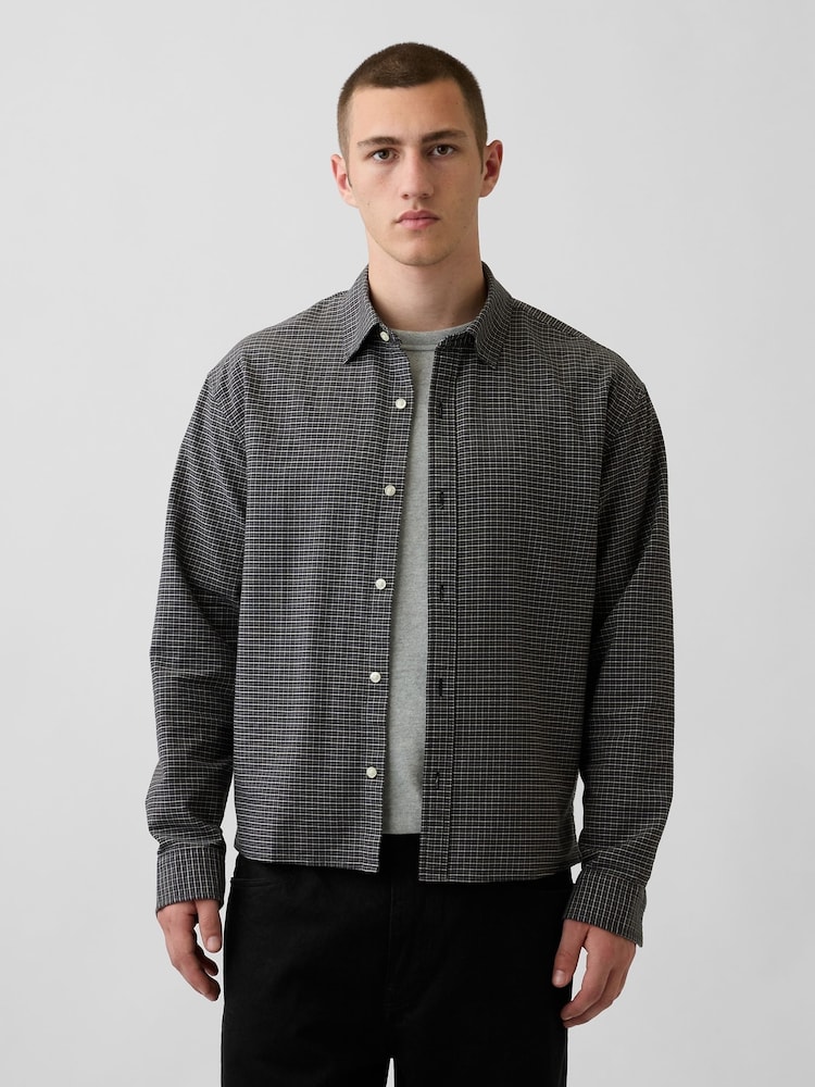 Gap Grey Check Relaxed Boxy Straight-Hem Oxford Shirt - Image 1 of 4 Gap Grey Check Relaxed Boxy Straight-Hem Oxford Shirt - Image 1 of 4