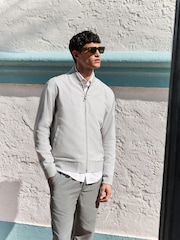 Light Grey Smart Linen Blend Textured Bomber Jacket - Image 1 of 5