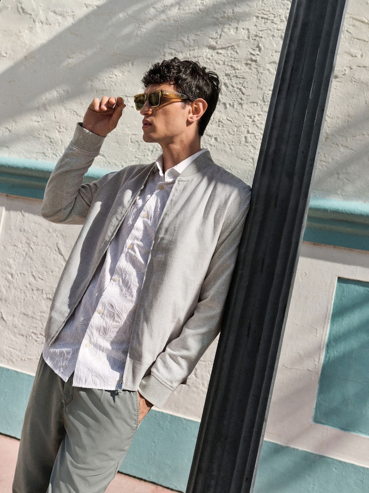 Light Grey Smart Linen Blend Textured Bomber Jacket - Image 2 of 5