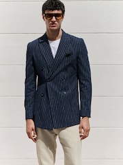 Navy Blue Regular Fit Linen Blend Stripe Double Breasted Blazer - Image 1 of 12