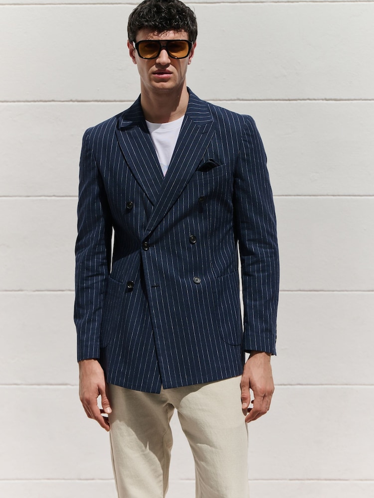 Navy Blue Regular Fit Linen Blend Stripe Double Breasted Blazer - Image 1 of 12