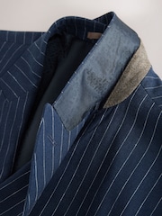 Navy Blue Regular Fit Linen Blend Stripe Double Breasted Blazer - Image 10 of 12