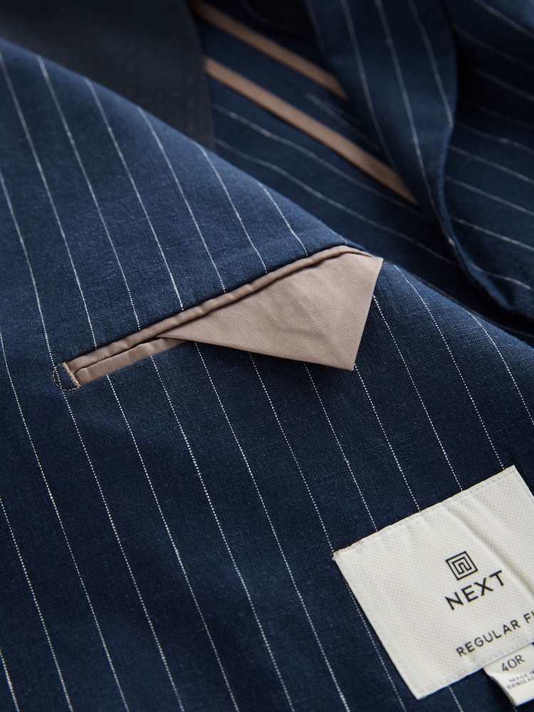 Navy Blue Regular Fit Linen Blend Stripe Double Breasted Blazer - Image 12 of 12