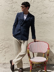 Navy Blue Regular Fit Linen Blend Stripe Double Breasted Blazer - Image 2 of 12
