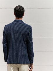 Navy Blue Regular Fit Linen Blend Stripe Double Breasted Blazer - Image 3 of 12