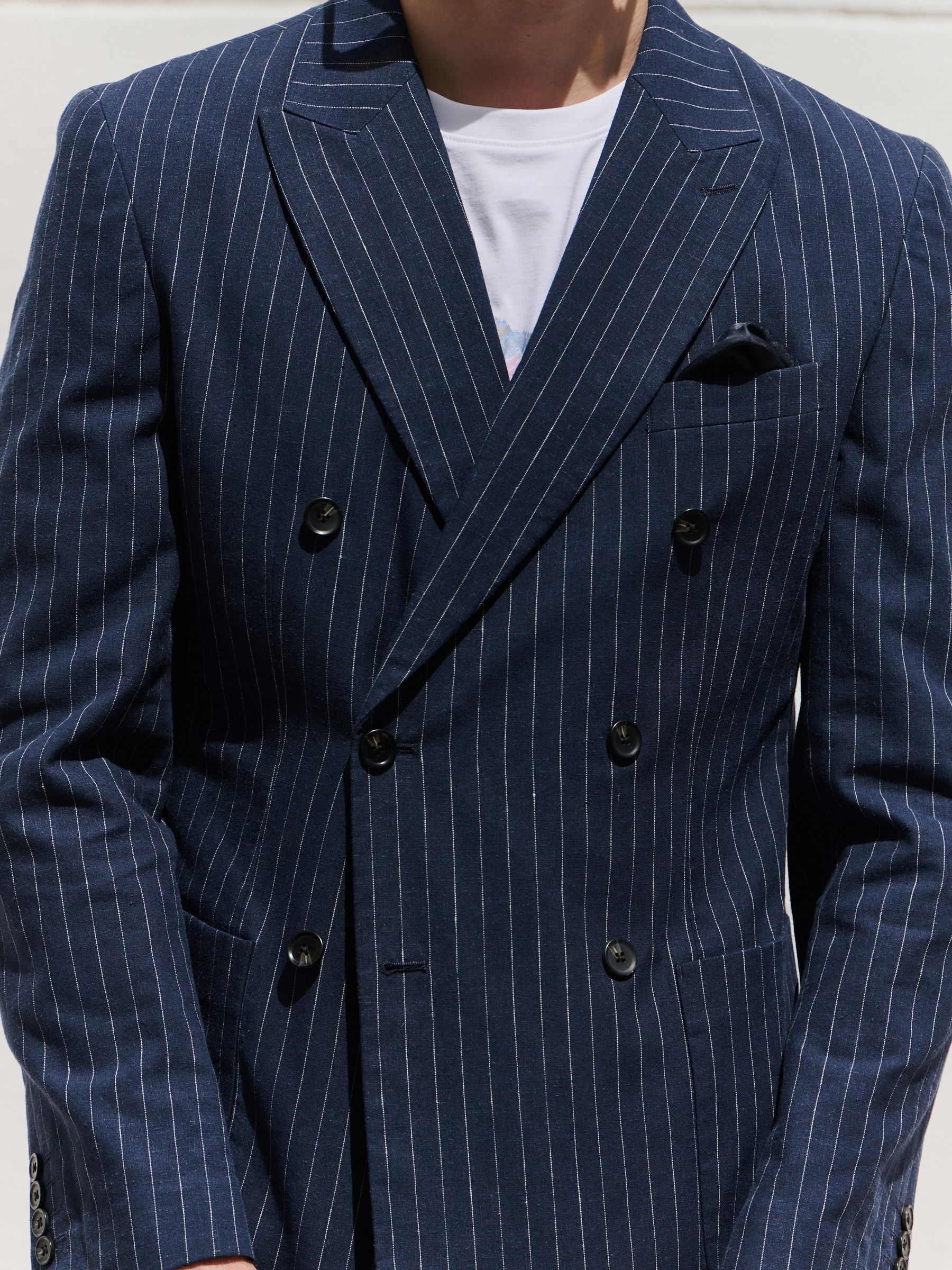 Buy Navy Blue Regular Fit Linen Blend Stripe Double Breasted