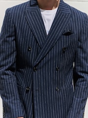 Navy Blue Regular Fit Linen Blend Stripe Double Breasted Blazer - Image 4 of 12