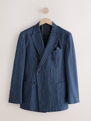 Navy Blue Regular Fit Linen Blend Stripe Double Breasted Blazer - Image 6 of 12