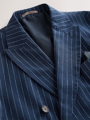 Navy Blue Regular Fit Linen Blend Stripe Double Breasted Blazer - Image 8 of 12