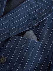 Navy Blue Regular Fit Linen Blend Stripe Double Breasted Blazer - Image 9 of 12