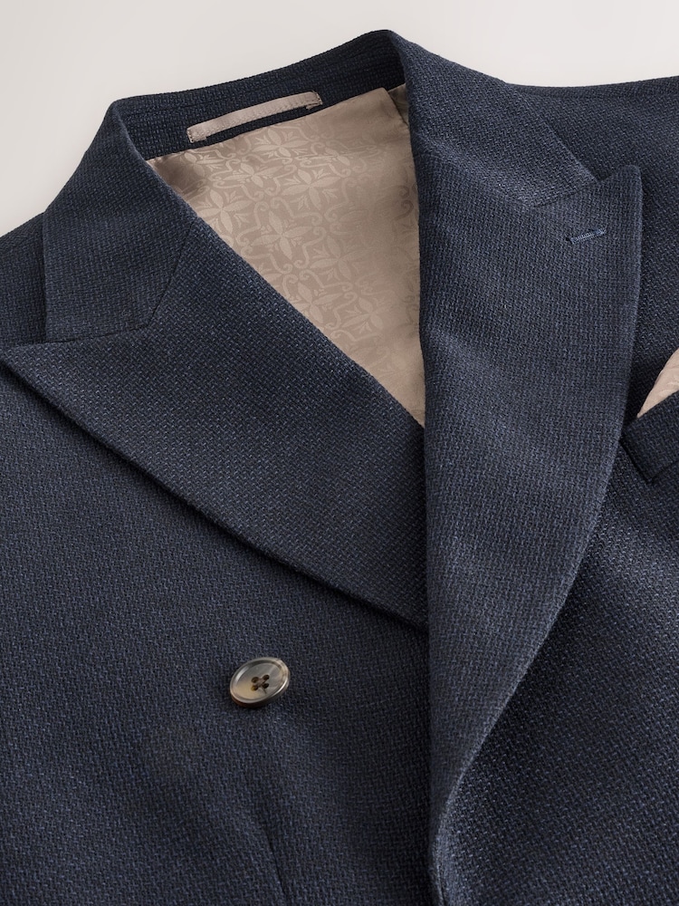 Navy Blue Regular Fit Signature Nova Fides Italian Fabric Textured Double Breasted Blazer - Image 2 of 7