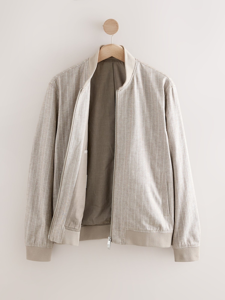Neutral Smart Cotton Linen Blend Stripe Bomber Jacket - Image 1 of 3 Neutral Smart Cotton Linen Blend Stripe Bomber Jacket - Image 1 of 3