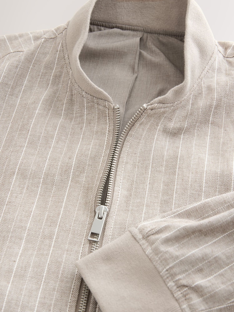 Neutral Smart Cotton Linen Blend Stripe Bomber Jacket - Image 3 of 3