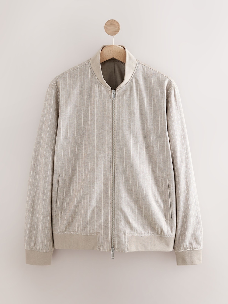 Neutral Smart Cotton Linen Blend Stripe Bomber Jacket - Image 7 of 7