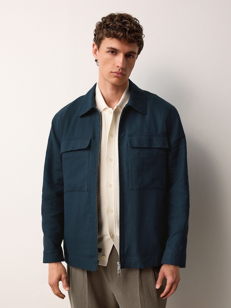 Navy Blue Cotton Linen Blend Shacket - Image 1 of 8