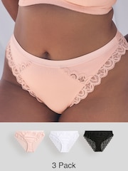 Noir/Blanc - Cotton & Lace High Leg Knickers 3 Pack - Image 1 de 9