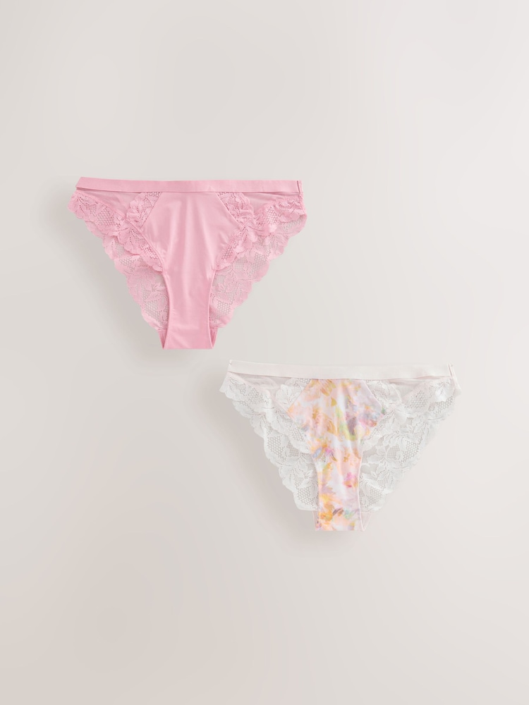 Cream Floral Print /Pink - Lot de 2 culottes hautes bordées de dentelle - Image 7 of 11