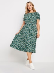 M&Co Green Floral Tie Detail Short Sleeve Midi Dress - Image 1 of 5
