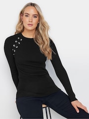 Long Tall Sally Black Ribbed Eyelet Jumper - Image 1 of 5
