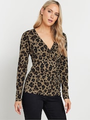 Long Tall Sally Brown Animal Print Cotton Long Sleeve Wrap Top - Image 1 of 5