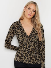 Long Tall Sally Brown Animal Print Cotton Long Sleeve Wrap Top - Image 4 of 5