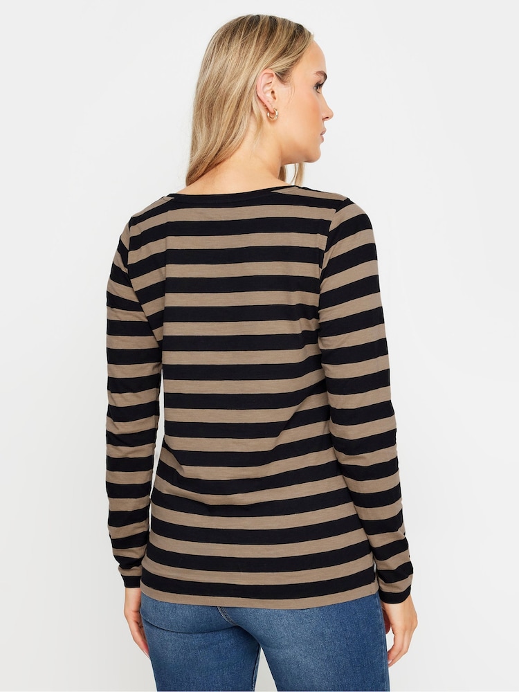 Long Tall Sally Natural Stripe Longsleeve Scoop Neck 100% Cotton T-Shirt - Image 3 of 5
