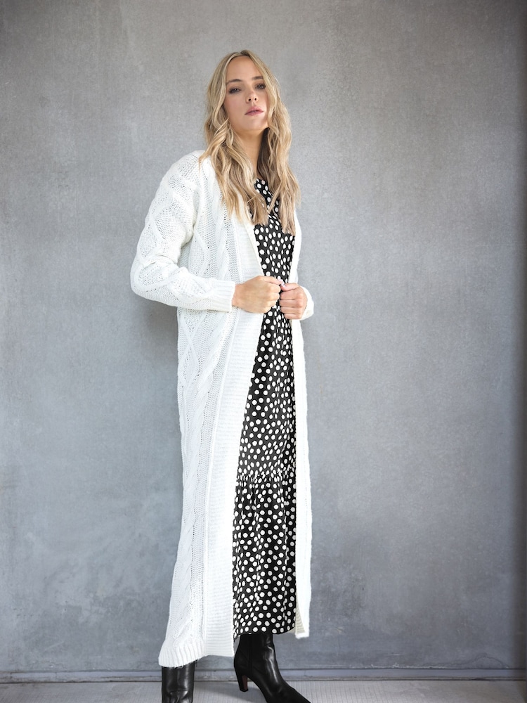 Long Tall Sally Cream Premium Cable Midi Cardigan - Image 1 of 4