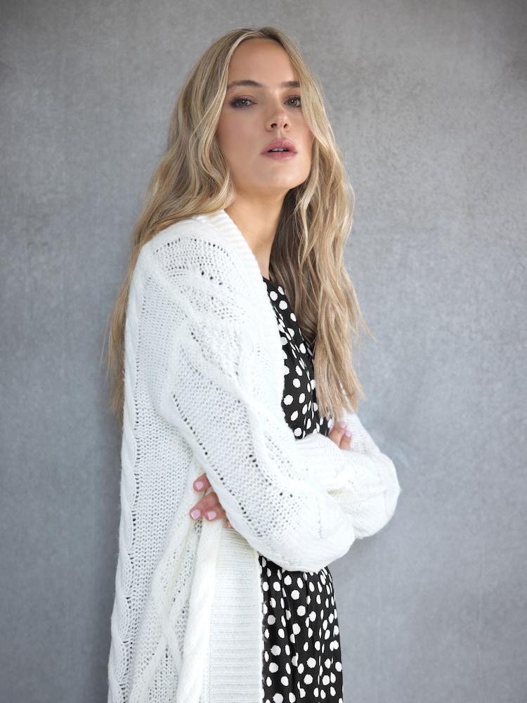 Long Tall Sally Cream Premium Cable Midi Cardigan - Image 2 of 4