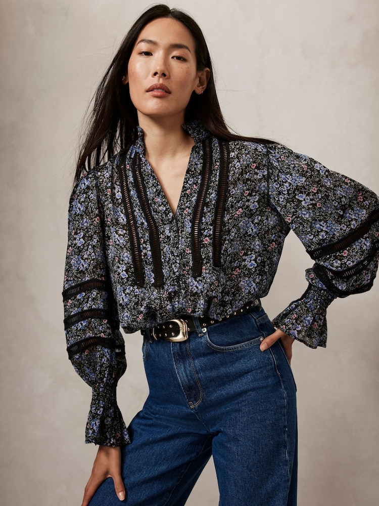 Mint Velvet Blue Floral Print Boho Blouse - Image 1 of 4 Mint Velvet Blue Floral Print Boho Blouse - Image 1 of 4