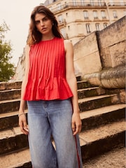 Mint Velvet Red Cotton Pleated Peplum Top - Image 2 of 4