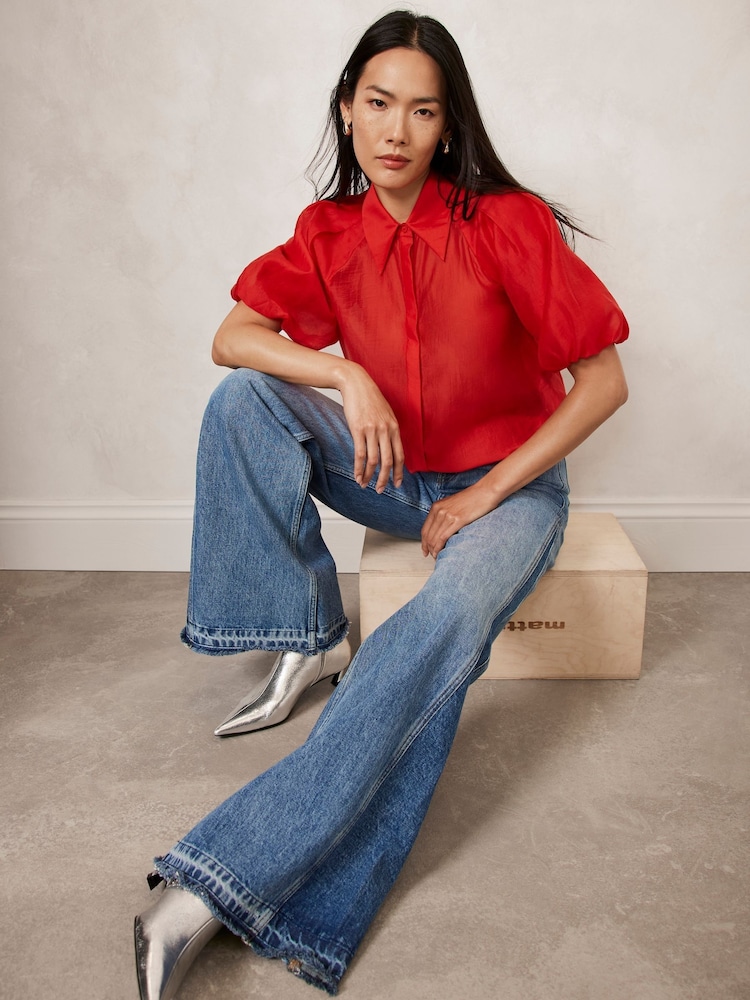 Mint Velvet Red Sheer Puff Sleeve Shirt - Image 1 of 4 Mint Velvet Red Sheer Puff Sleeve Shirt - Image 1 of 4